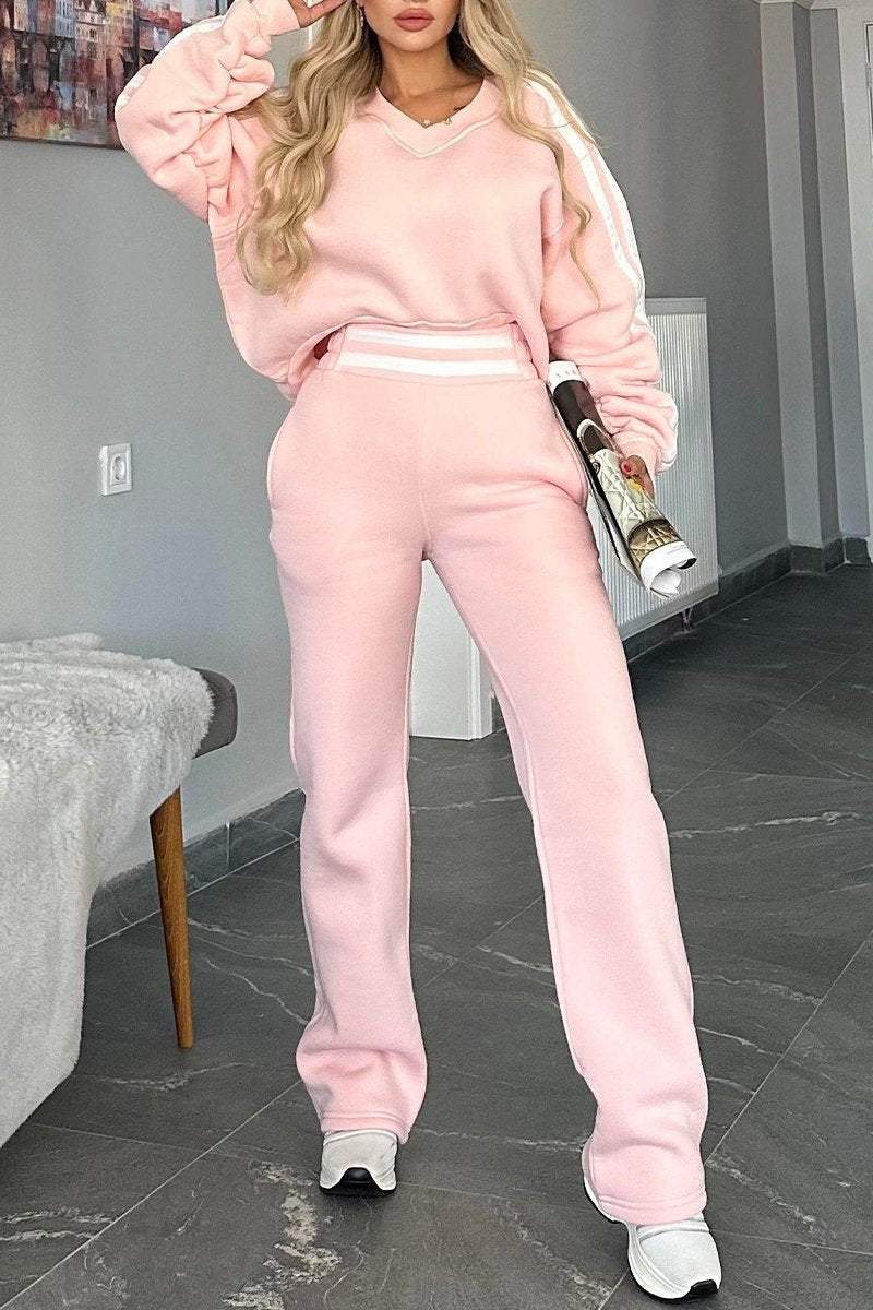 V-neck Long-sleeved Striped Design Casual Sweatshirt Suit Pant sets sets Two piece sets