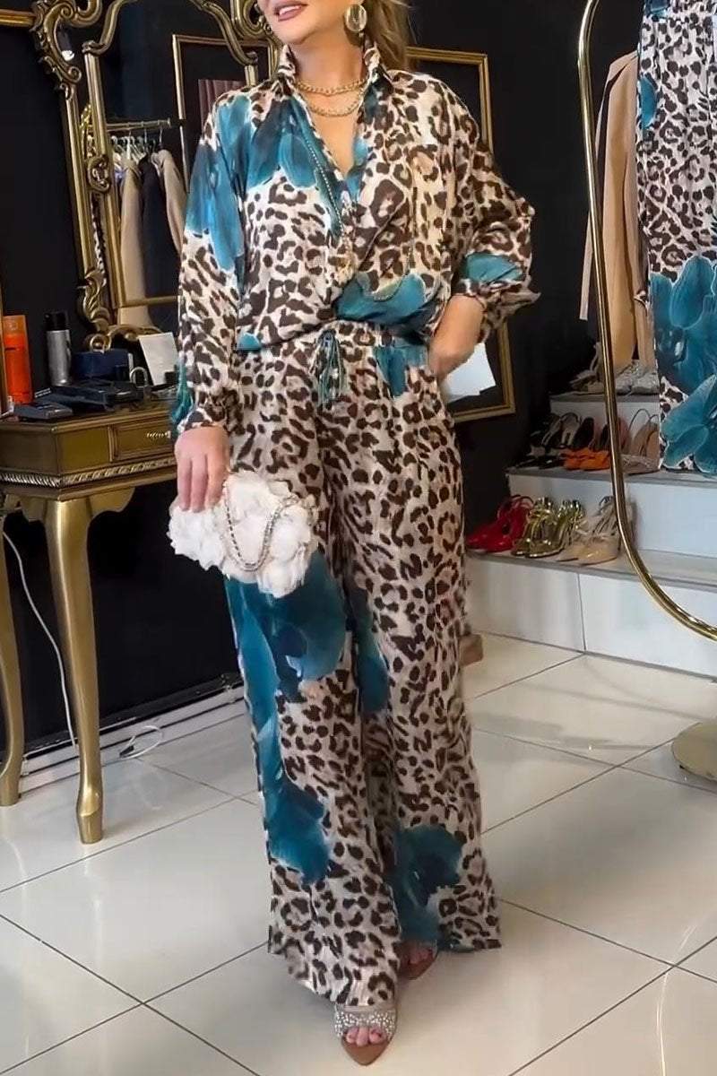 Women's V-neck Long-sleeved Leopard Print Two-piece Suit Sets Two Piece Suit