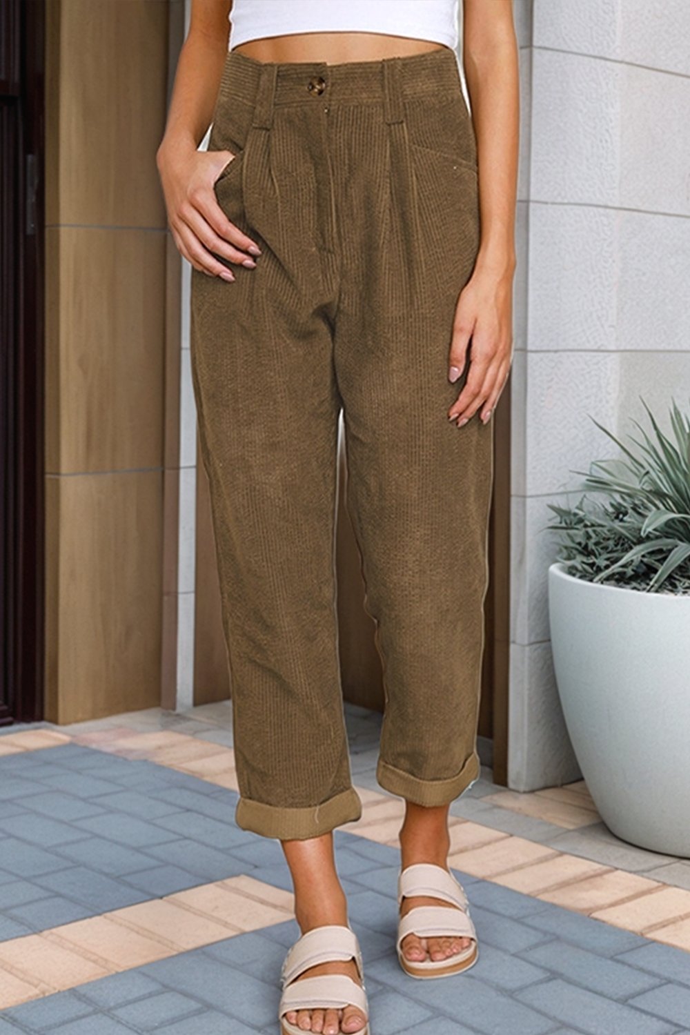 Women's High Waist Casual Pants Solid Color Corduroy Loose Straight Trousers Bottoms pants