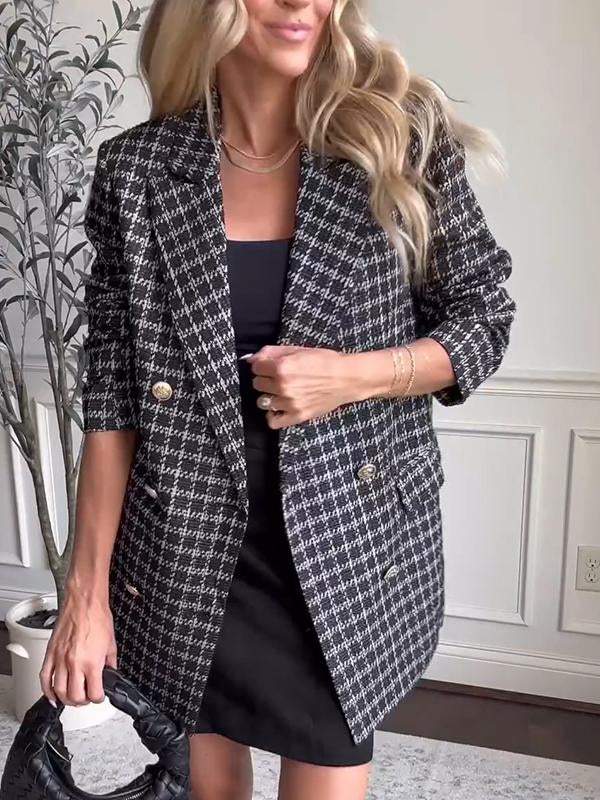 Women's Casual Lapel Single-breasted Plaid Suit Jacket Cotton Jacket