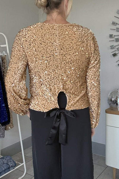 Women's Round Neck Long Sleeve Sequined Party Top Shirts & Blouse Top