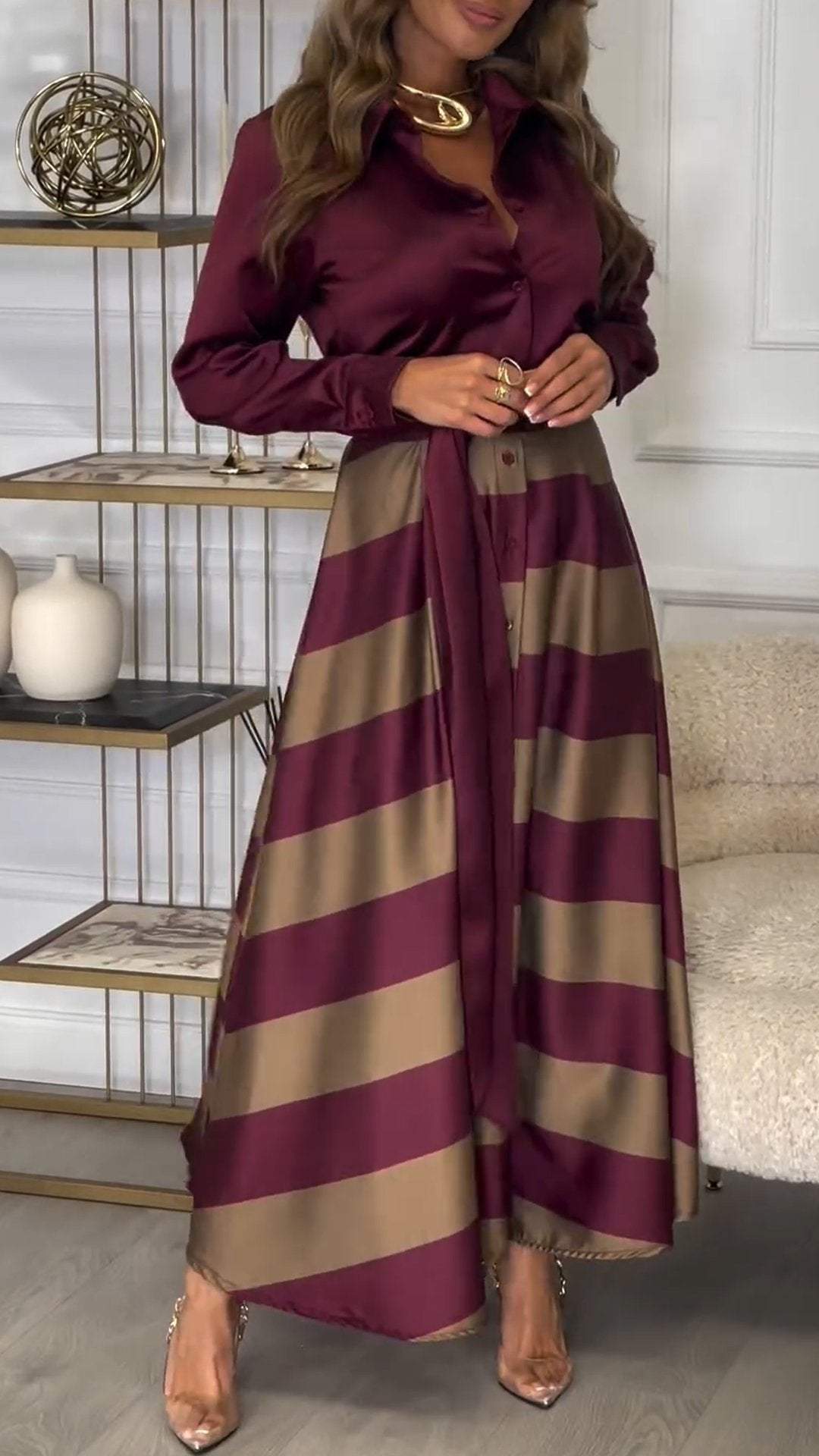 Women's Lapel Long Sleeve Striped Stitching Temperament Dress dress