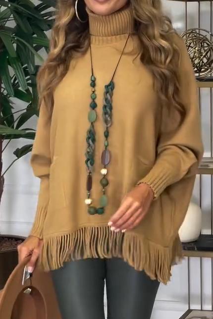 Women's casual high neck hem tassel pullover sweater sweaters Top