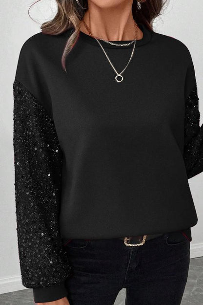 Ladies Casual Sleeve Sequin Patchwork Sweatshirt sweatshirts Top