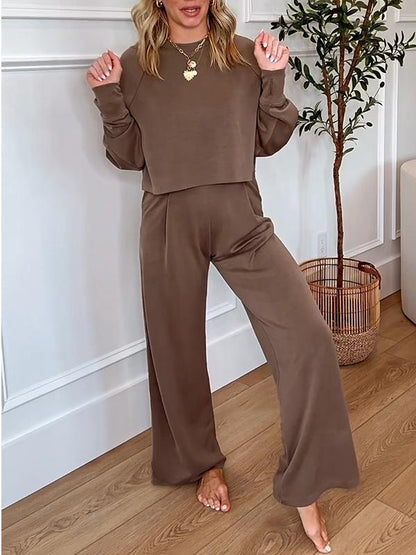 Women's Casual Round-neck Solid Color Two-piece Suit Blended Suit Two-piece