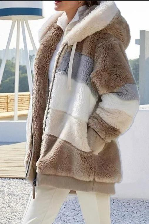 Women's Casual Warm Fur Contrast Hooded Jacket Coats skirts Top