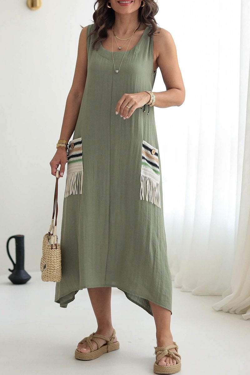 Women's Round Neck Sleeveless Woven Double Pocket Design Dress dress Midi Dress