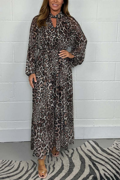 Women's Leopard Puff Sleeve Mesh Belted Maxi Dress Dress Maxi Dress