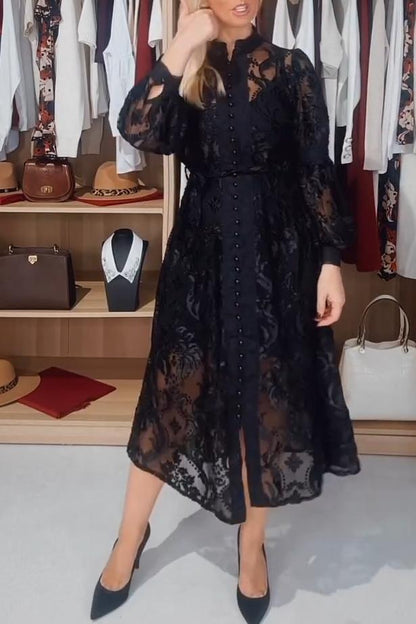 Ladies Casual Elegant Lace Open Button Dress Dress smidi dress