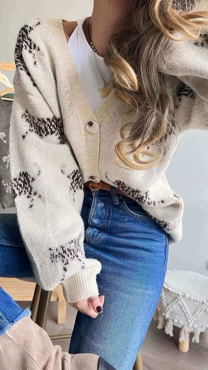 Women's Casual Print Knit Jacket Cardigan Jacket