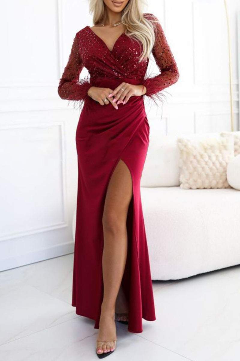 Women's V-neck Sexy Slit Slim Fit Sequined Feather Stitching Maxi Dress Dress Maxi Dress