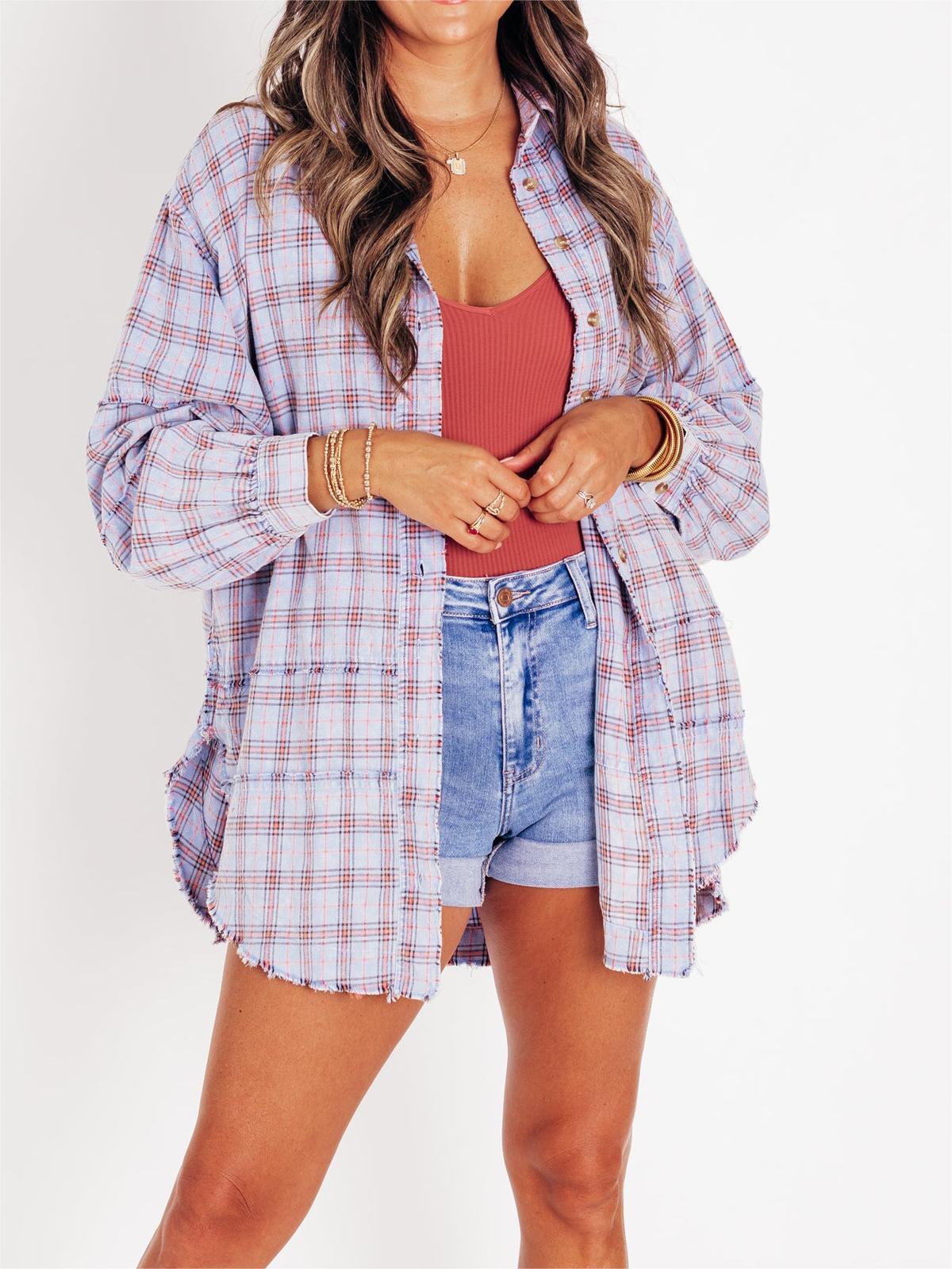 Women's Lapel Long Sleeve Plaid Shirt tops