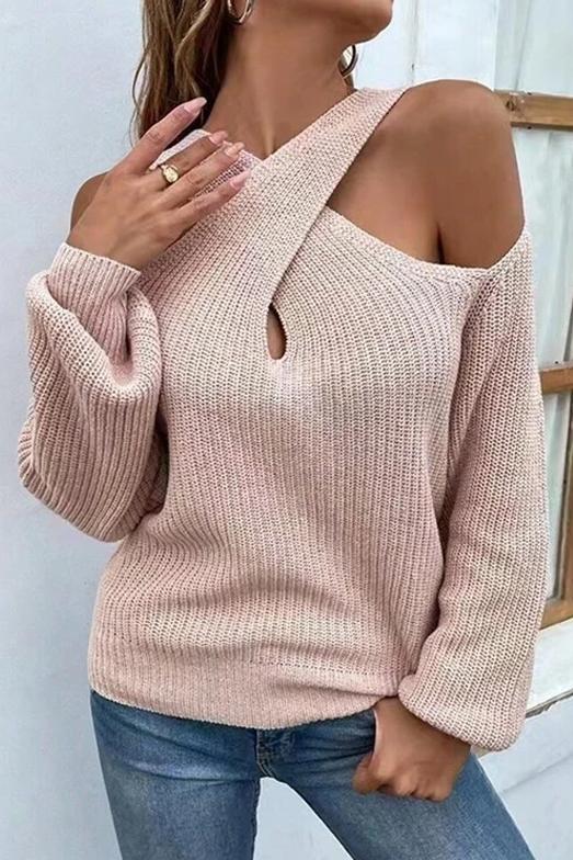 Women's solid color cross collar sweater sweaters Top