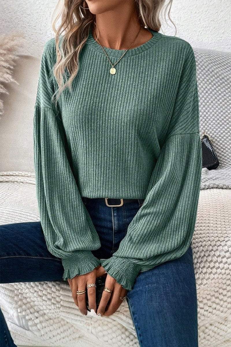 Women's Casual Solid Color Pit Strip Lantern Sleeve Top sweatshirts Top