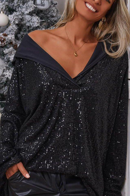 Women's Casual Solid Color V-neck Sequined Hooded Top T-shirts Top