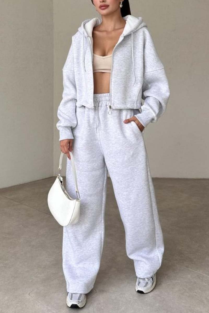 Women's casual sports zipper hooded sweatshirt jacket and wide-leg pants set Pant sets Sets Two piece sets