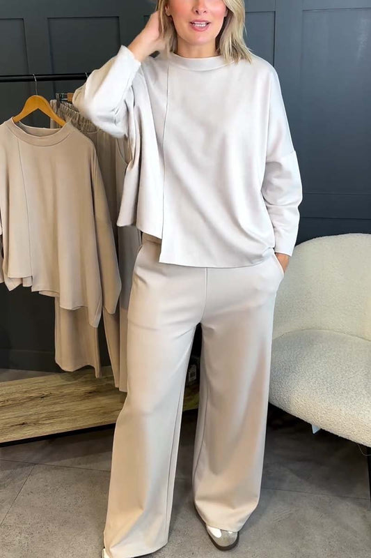 Women's casual solid color round neck long-sleeved sweatshirt and trousers two-piece set suit two-piece set