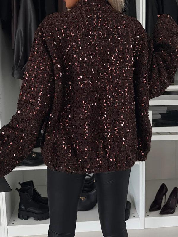 Women's Round Neck Long Sleeve Sequined Casual Coat Coat Tops