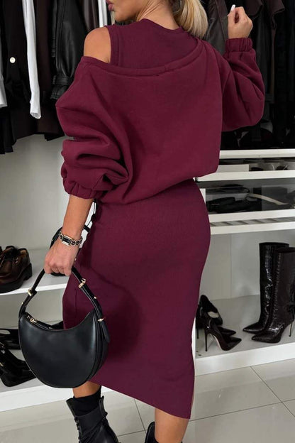 Women's Solid Color Pullover Hoodie Sleeveless Side Open Dress Set