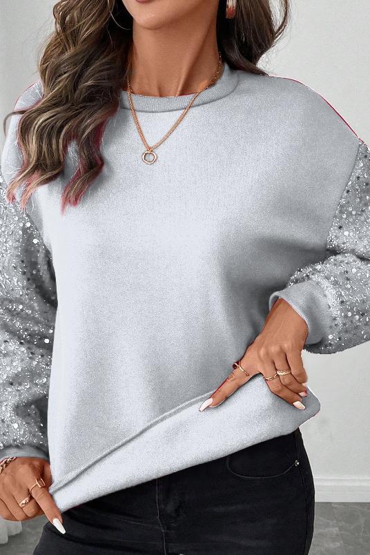 Ladies Casual Sleeve Sequin Patchwork Sweatshirt sweatshirts Top