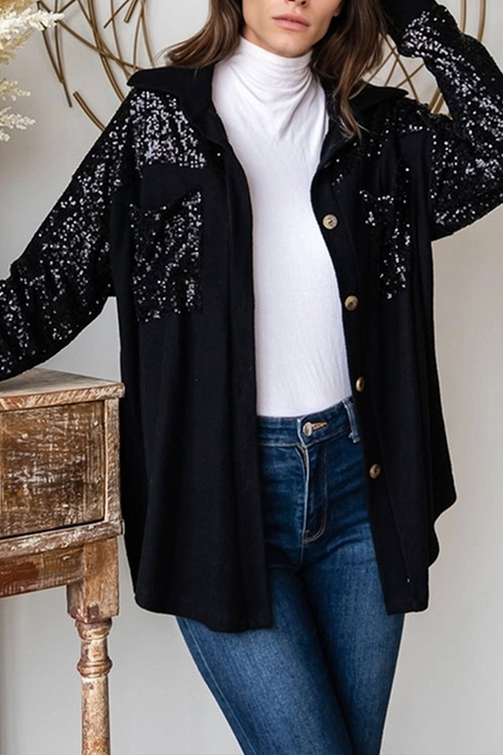 Women's Casual Solid Color Sequined Patchwork Shirt shirts Top