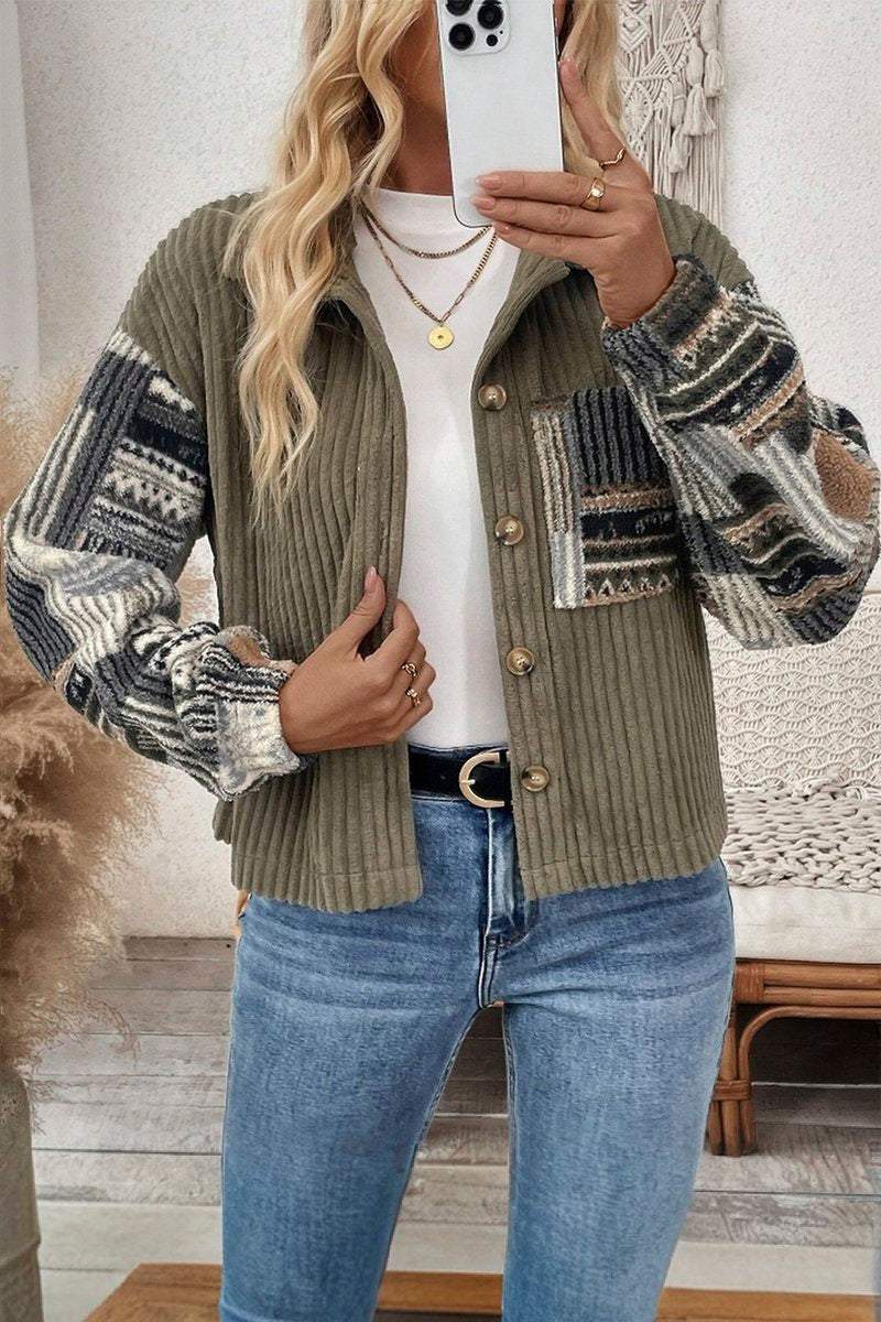 Women's Casual Corduroy Plaid Patchwork Jacket coat Top