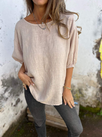 Women's Round Neck Mid-sleeve Cotton and Linen Casual Top cotton tops