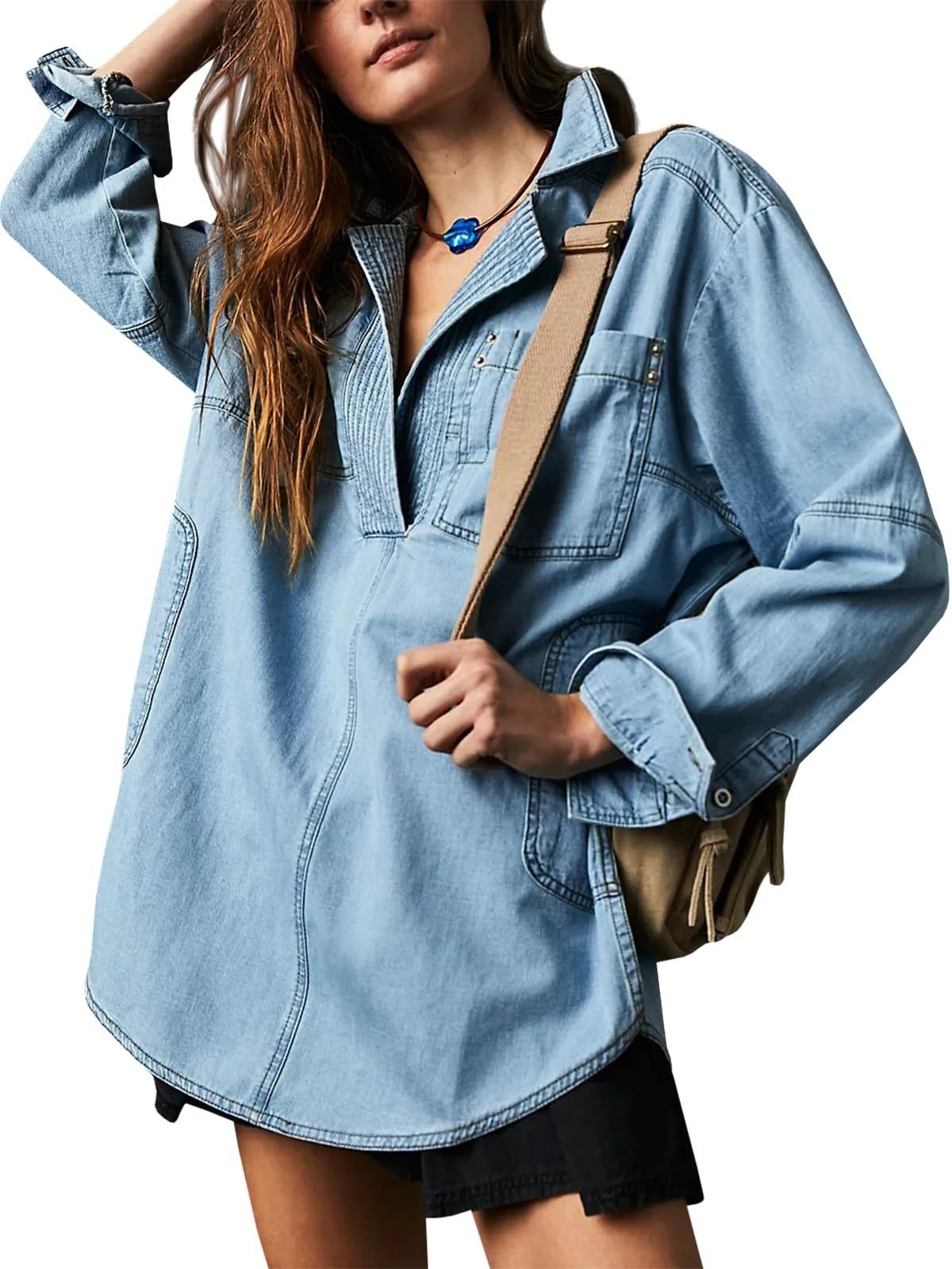 WOMEN'S DENIM V-NECK PULLOVER SHIRT