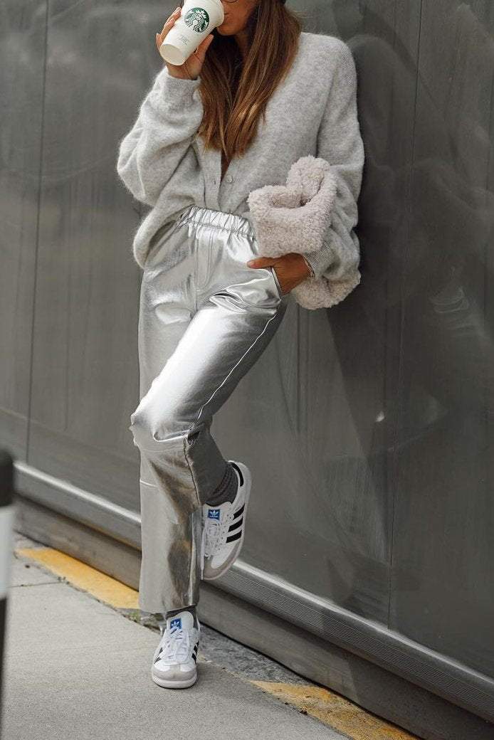 Women's casual solid color metallic straight pants bottoms pants