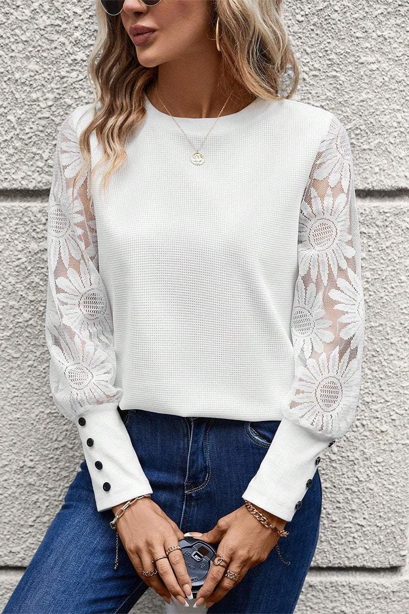 Women's Round Neck Knitted Lace Sleeve Patchwork Top sweater Top