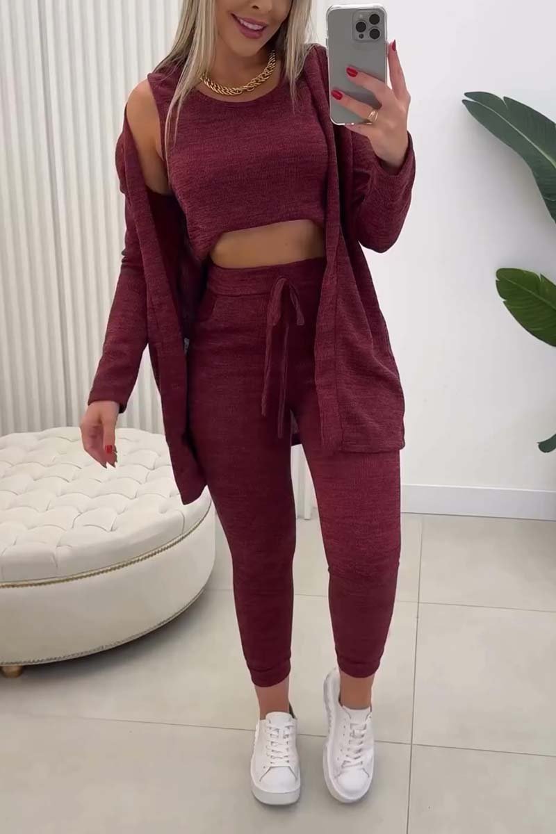 Women's Casual Comfortable Knitted Elastic Waist Pants Three-piece Set suit Three-piece Set