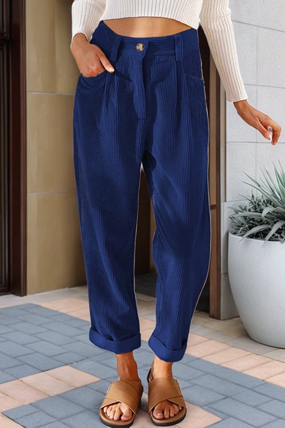 Women's High Waist Casual Pants Solid Color Corduroy Loose Straight Trousers Bottoms pants