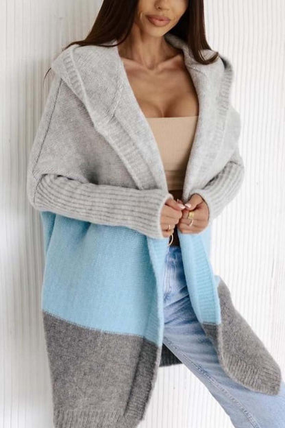 Women's Casual Contrast Color Hooded Sweater Cardigan Cardigans Coats Tops