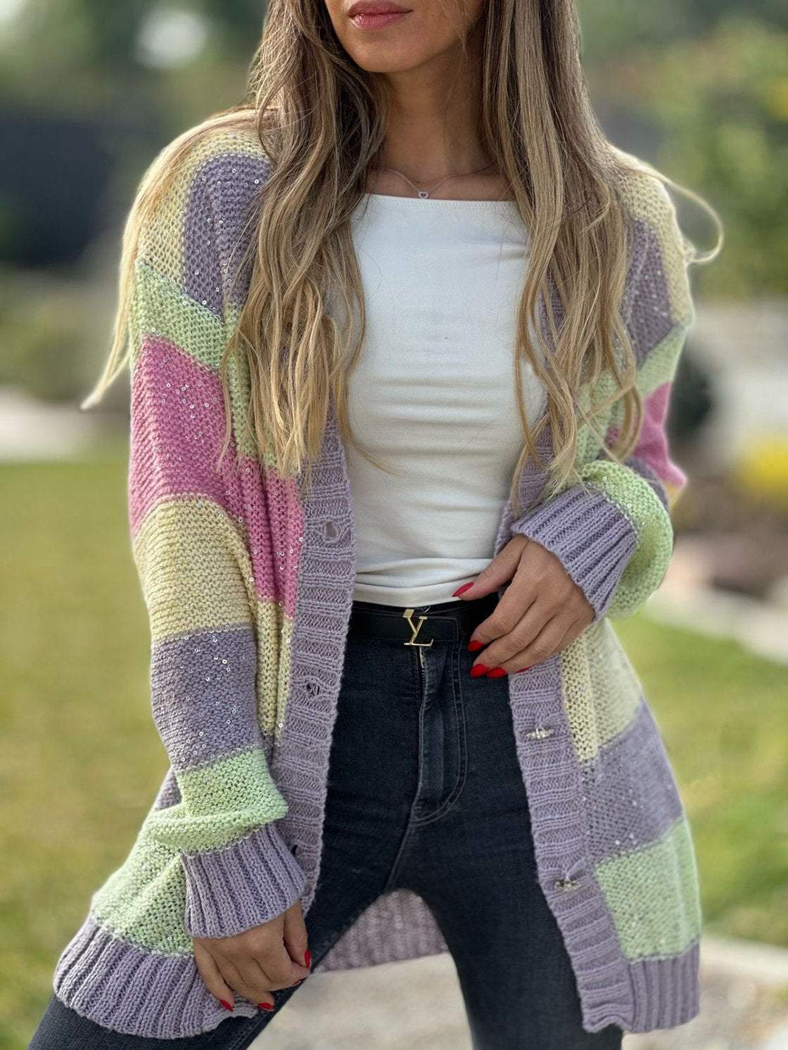 Women's Casual Contrast Color Striped Knitted Cardigan Cardigan