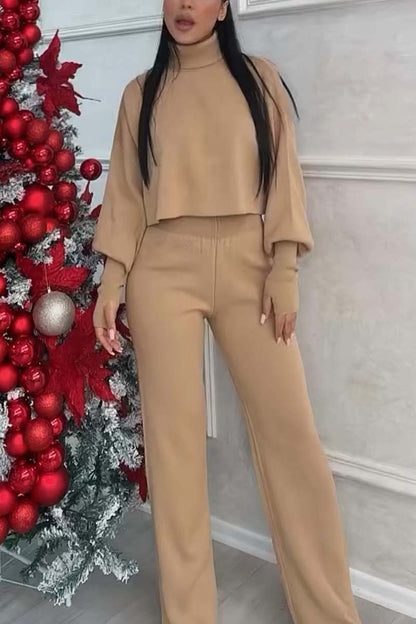 Women's Solid Color Turtleneck Cropped Top and Pants Sweater Set Set Sweater Set Two-Piece Set