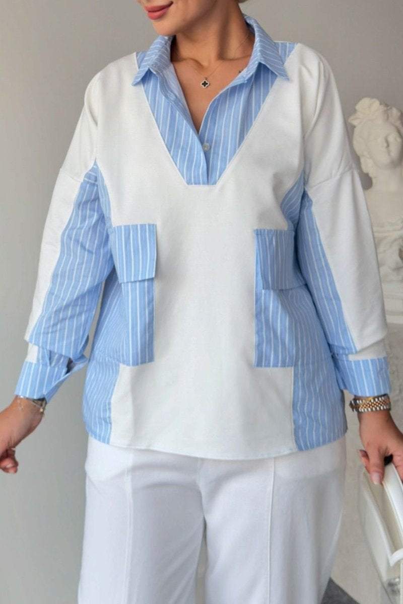 Women's Casual Striped Patchwork Pocket Blouse Blouse Shirts & Blouse Tops