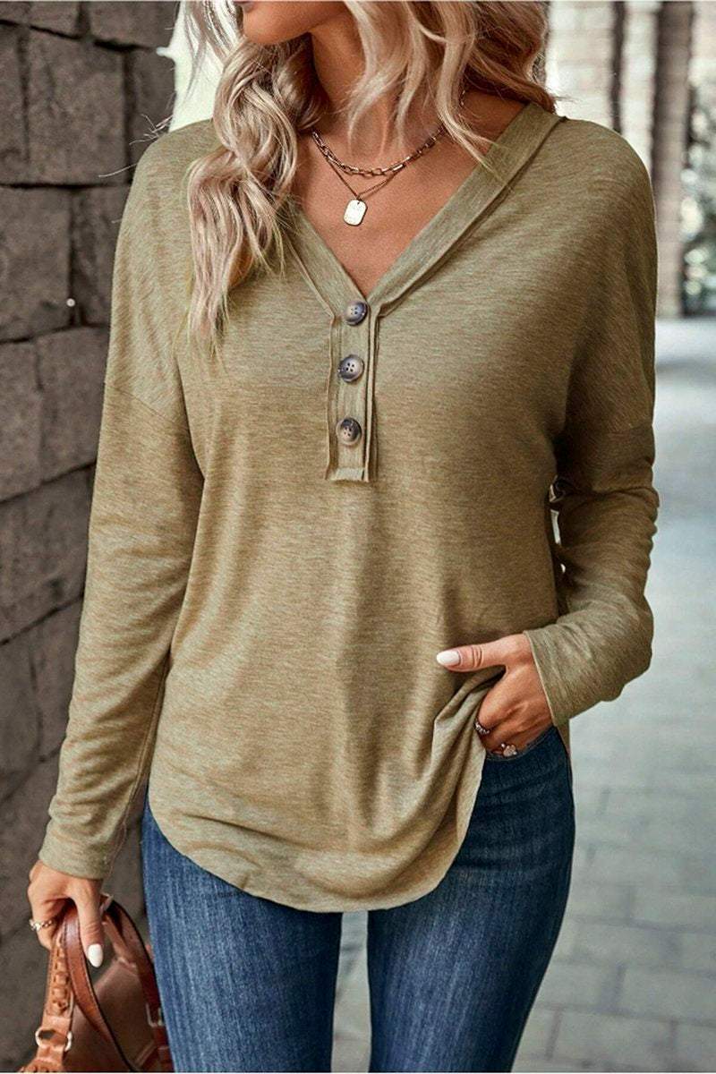 Women's Casual V Tie Button Long Sleeve Top sweatshirt Top