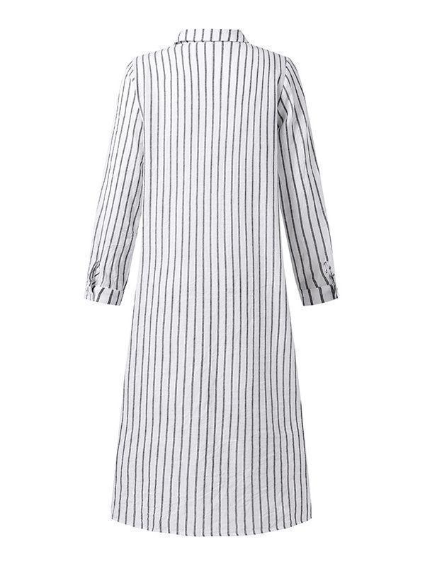 Women's Striped Cotton Linen Polo Collar Long-sleeved Shirt Dress Cotton and linen Dress Shirt Dress