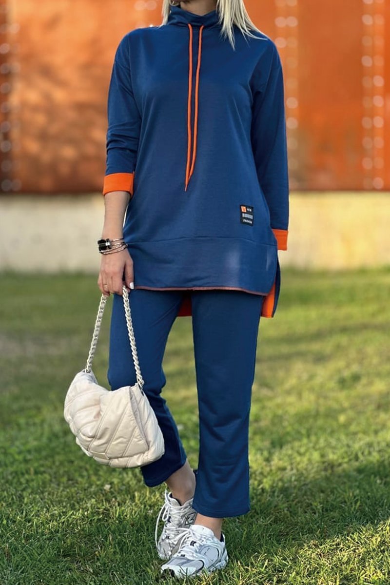 Women's long contrast color sweatshirt suit Suits Two-piece set