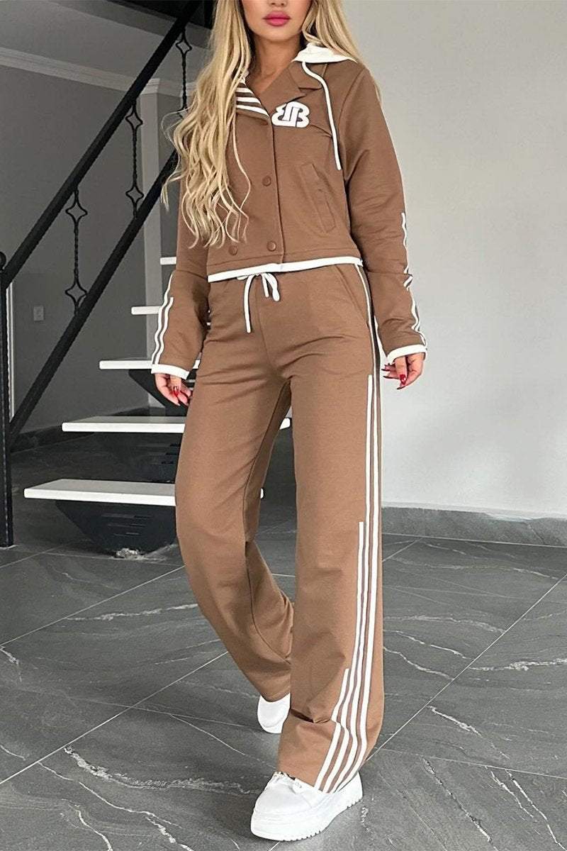 Women's Contrast Web Hooded Pants Suit Sets Two piece sets