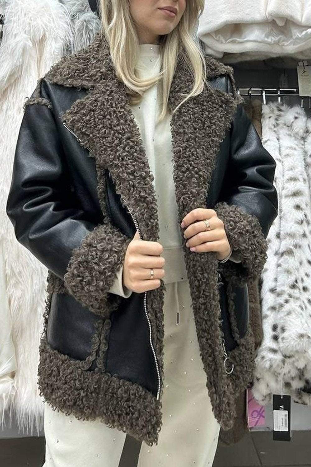 Women's Leather Patchwork Fur Jacket Top Jacket Top