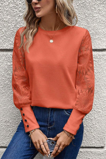 Women's Round Neck Knitted Lace Sleeve Patchwork Top sweater Top