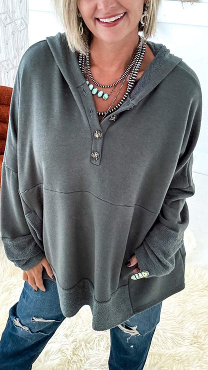 Women's Casual Splicing Solid Button Neck Long Sleeve Hoodie hoodie top