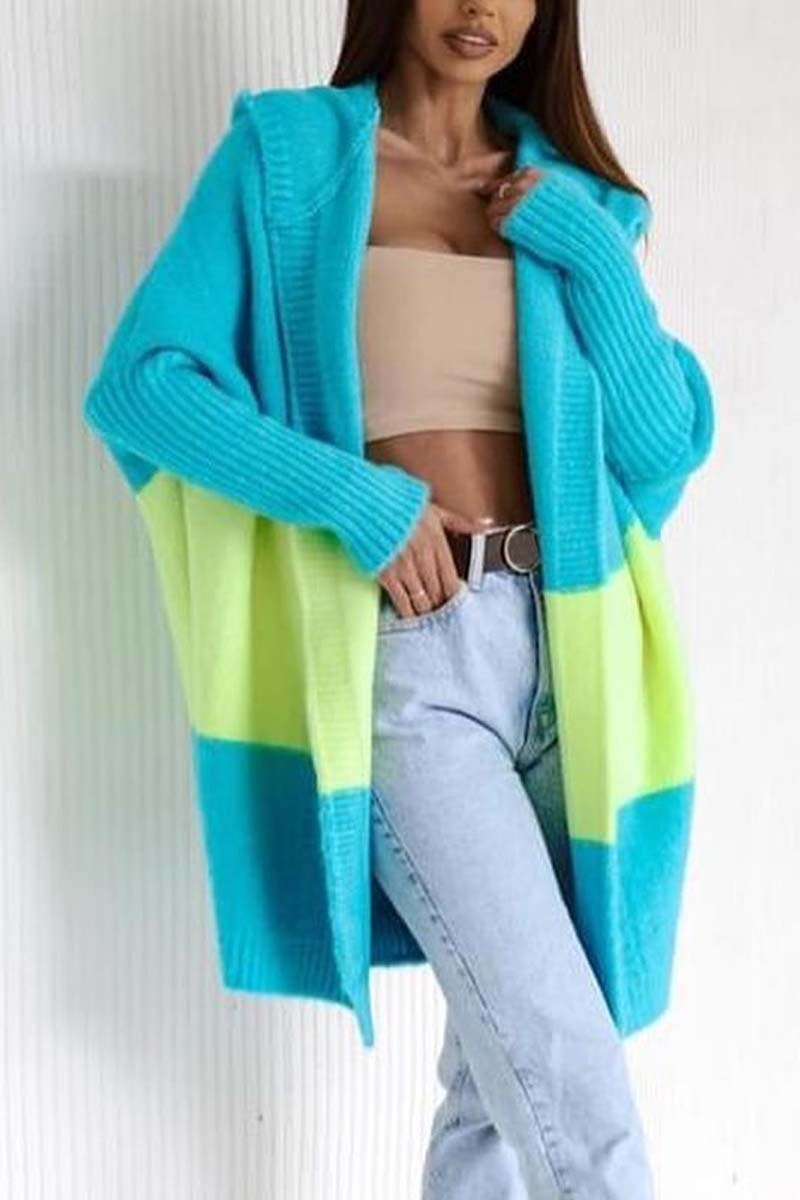 Women's Casual Contrast Color Hooded Sweater Cardigan Cardigans Coats Tops