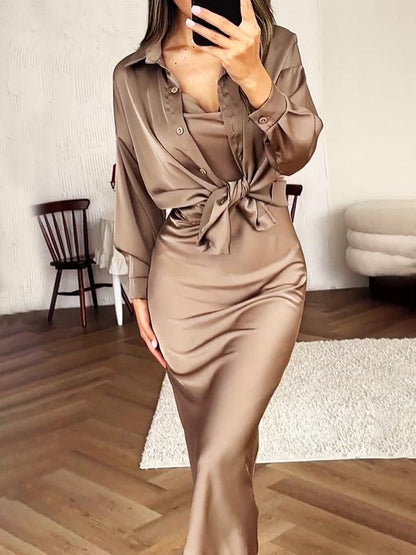 Women's Satin Smooth Top Shirt & Dress Two-piece Set Set