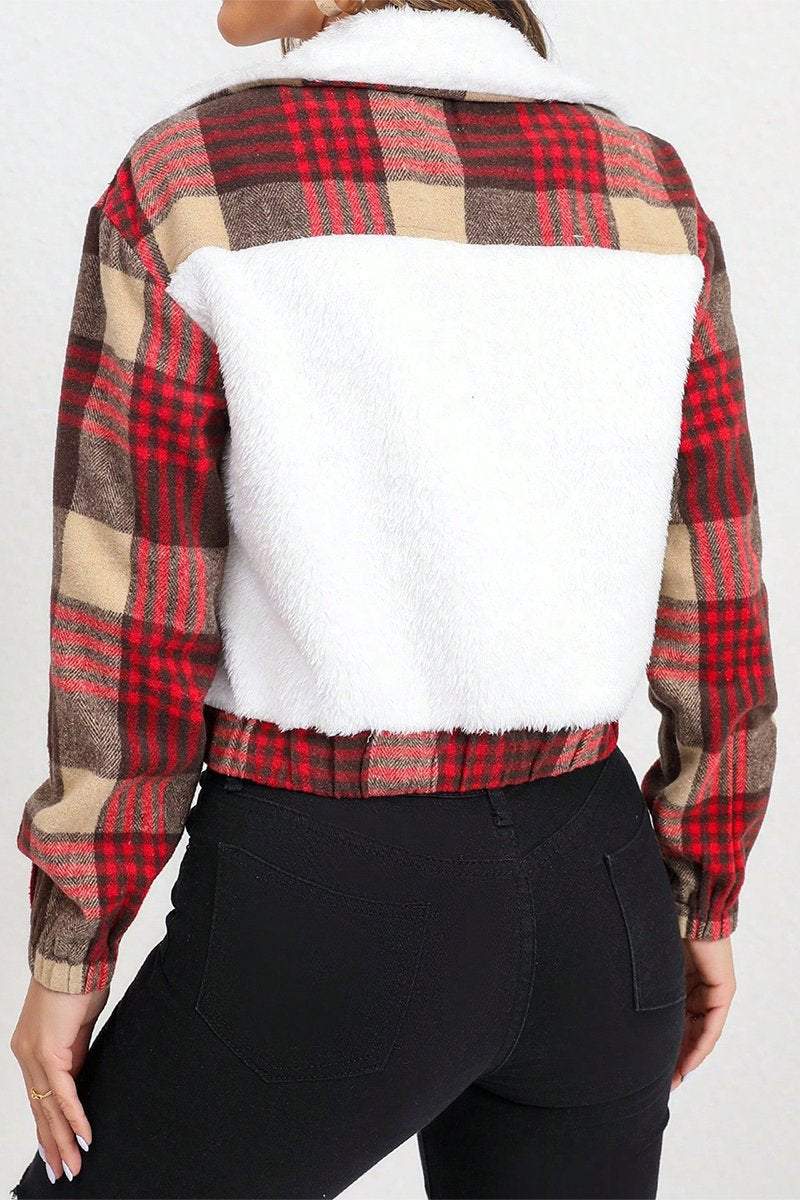 Women's Lapel Sherpa Patchwork Plaid Thermal Cotton Jacket coat Top