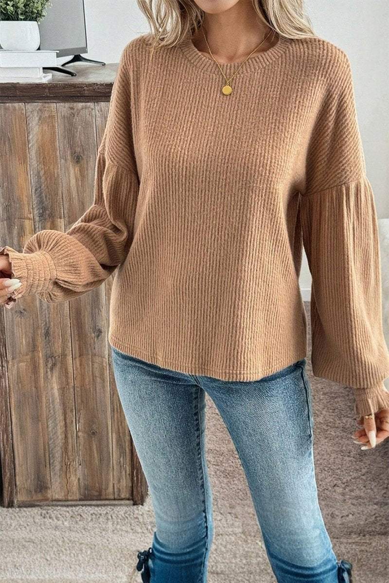 Women's Casual Solid Color Pit Strip Lantern Sleeve Top sweatshirts Top