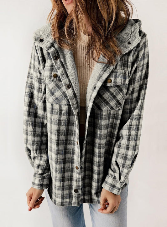 Thickened Flannel Plaid Jacket Coat With Hood