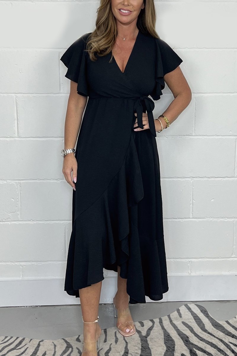 Frill Tie Waist Wrap Maxi Dress Black Dress