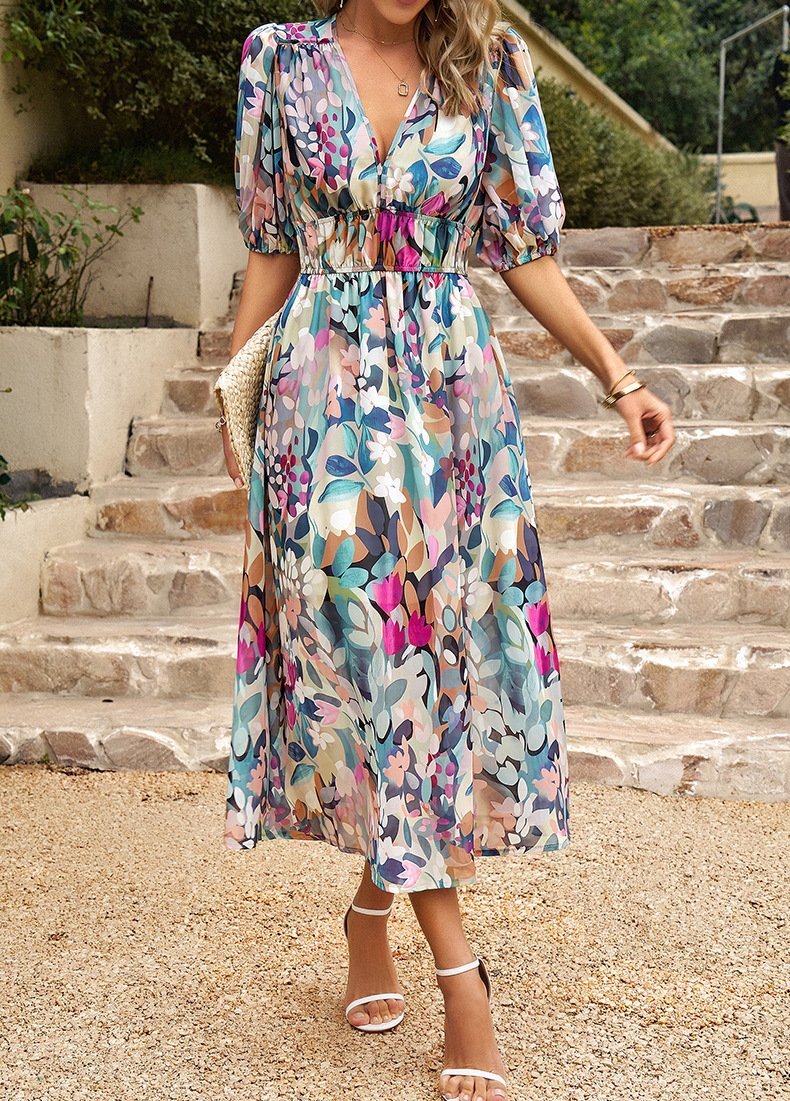 Women's Full-waist V-neck Printed Dress dress